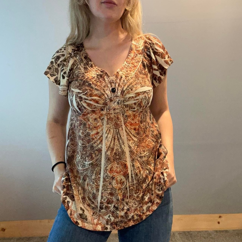 Y2K Whimsigoth Paisley Babydoll Top Brown Fairy Grunge Flutter Sleeve size M